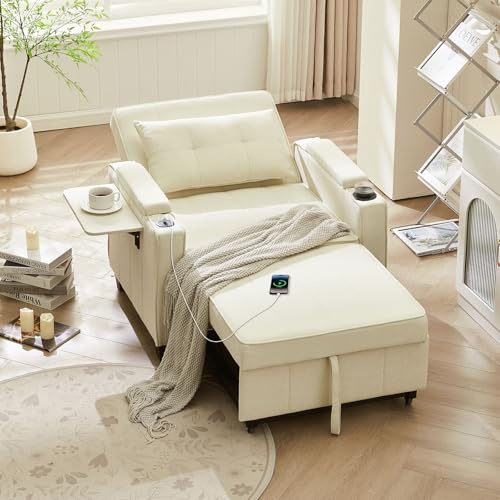 LEMROE Single Sofa Bed, 3 in 1 Convertible Pull Out Sleeper with Charger | 3-Position Adjustable Backrest, Side Pockets & Lift-Top Armrest, Armchair with Foldable Tray for Living Room Bedroom Lounge