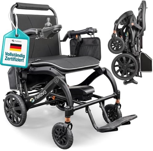 Helavo ultraleichter elektrischer Rollstuhl mit Magnesium-Carbon-Rahmen | Nur 17 kg leicht - Falt- & tragbarer Elektrorollstuhl - Bis zu 15 km Reichweite - 120 kg Traglast - 50 cm Sitzbreite