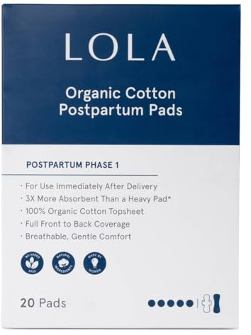 LOLA Organic Cotton Postpartum Pads - 20 Count, Ultra Absorbent and Extra Long Pads, Overnight and Full Coverage, Adult Incontinence Pad for Women, Postpartum Essentials