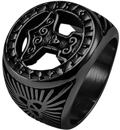 Oidea Viking Thor's Hammer Rings: Vintage Gothic Mjolnir Signet Ring for Men Women Stainless Steel Cocktail Party Biker Ring Band Amulet Jewelry Gifts, Black, Size 9