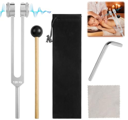 128Hz Tuning Forks for Healing, Aluminum Tuning Fork with Silicone Hammer, Repair Tool and Soft Storage Bag, Frequency Healing Device for Sound Therapy, Healing and Meditation (Silver)