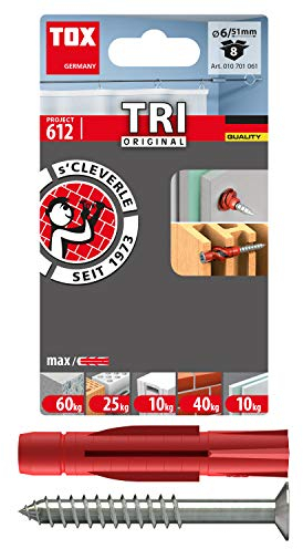 TOX Allzweckdübel TRI 6 x 51 mm + Schraube, zuverlässige Befestigung in Fast Allen Baustoffen, Vor- und Durchsteckmontage, Dübel verknotet oder spreizt automatisch, 8 Stück im Blister, 010701061