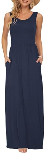 AUSELILY Summer Dresses for Women Casual Sleeveless Ladies Maxi Dress Long with Pockets Navy Blue L