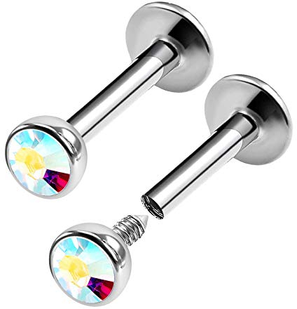 KJM FASHION 2 Stk Stahl Lippe 1.2mm 16gauge Aurora Borealis Kristallkugel Tragus Madonna Lippen Ohrringe Medusa Piercing Schmuck 0280