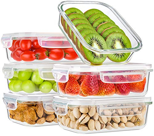 Bayco 6 Pack Glass Meal Prep Containers, Glass Food Storage Containers with Lids, Airtight Lunch Bento Boxes, Leak Proof (6 lids & 6 Containers)
