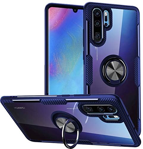 Coque Pour Huawei P30 Pro,Étui protection armure conception fibre verre cristal clair avec un support rotatif à 360 degrés prise bague maintien doigt [support voiture magnétique] P30 Pro,Cadre Bleu