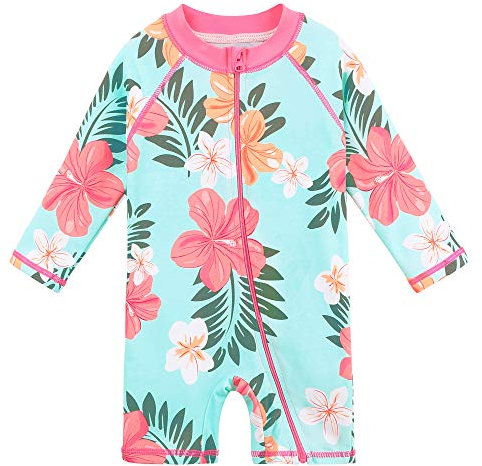 HUAANIUE Baby Girls One Piece Swimsuit Long Sleeve Swimwear UPF 50+ UV Sunsuit Cute Icecream Swimming Kids Wetsuit Zipper 4-12Y Swim Clothes