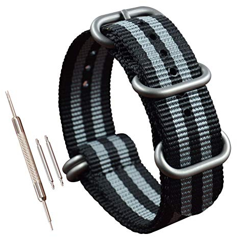 MZBUTIQ 28mm Schwarz/Grau Uhrenarmband Nylon Ersatz Extra Lang für Herren Matte Silberne Schnalle 5 Ringe