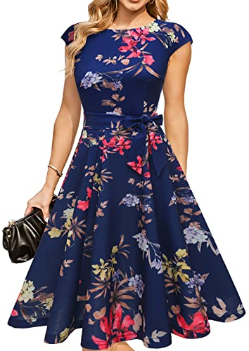 DRESSTELLS Cocktailkleid Damen Elegant 1950er Knielang Rockabilly Hochzeitkleid Abendkleid Kurz Vintage A-Line Swing Festlich Midilang Sommer Kleid Navy Flower L