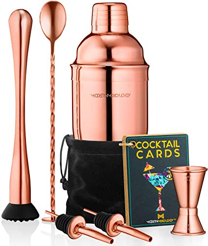 Mixology Portable Cocktail Shaker Set, 8-Piece Copper Bartender Kit with 24oz Martini Shaker, 2 Pourers, Muddler, Jigger, Mixing Spoon, Velvet Bag, Built-in Strainer, Recipe Cards, Idea