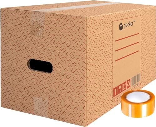 packer PRO Pack 20 Cajas Carton para Mudanzas y Almacenaje Ultra Resistentes con Asas y Cinta Adhesiva 430x300x250mm