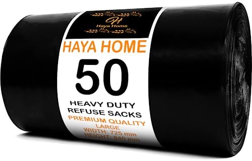 Haya Home 50 Black Plastic Bin Bags Liners, Refuse Sacks Pack of 50 X 1 Heavy Duty Waste Dustbin roll 100L for Kitchen Office DIY Garden Made from 100% Recycled Material