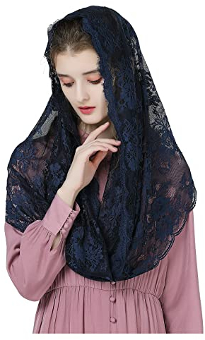 BEAUTELICATE Spitze Mantilla Schal Schleier Tüll Stola Schwarz Blau Für Damen Kirche Messe Kapelle Katholisch Braut V115 (Unendlich Form - Navy Blau)