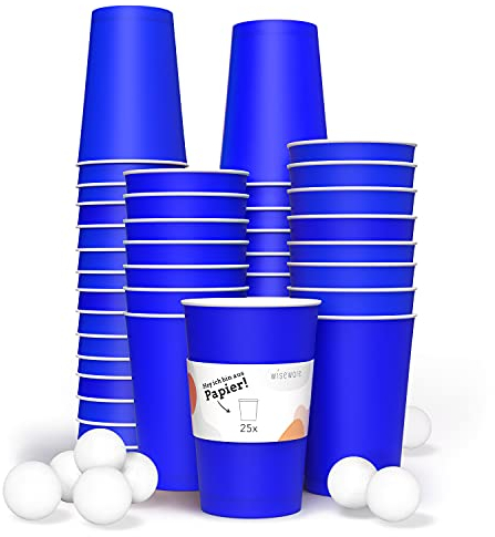 Wisefood Bierpong Becher Set aus Papier - Partybecher blau - Pappbecher blau - Bierpong Pappbecher - Alternative zu Plastikbechern - nachhaltige Partybecher (25 Stück mit 3 Bällen)
