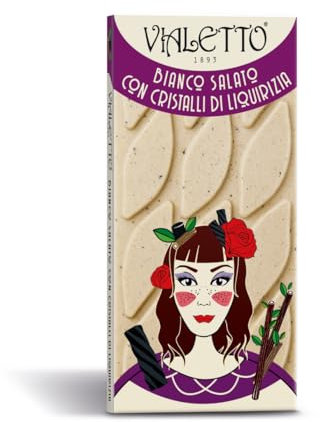 Vialetto Tavoletta di Cioccolato Bianco con Cristalli di Liquirizia - Confezione da 90 Grammi, Senza Glutine – Dalla Fantasia di Angelina