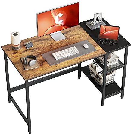 CubiCubi Schreibtisch, Computertisch mit Regal rechts oder Links, 120 x 60 cm klein Pc Tisch, Bürotisch fürs Büro Wohnzimmer, Industrie-Design, Stabil Stahlgestell schreibtische, Braun/schwarz