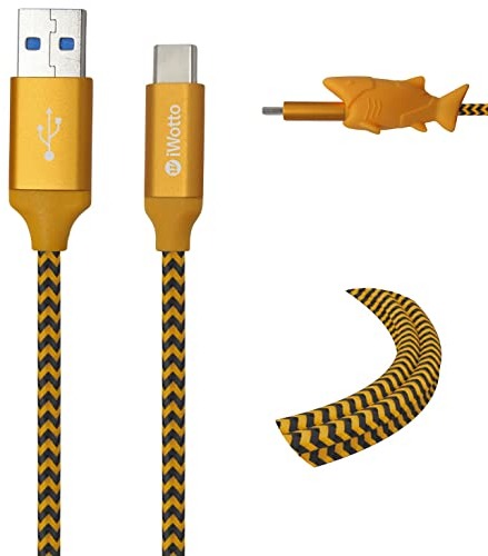 Iwotto USB Type-C 1M Cable - Fast Charge and Sync for Mobile - USB 3.0 Orange - Durable Nylon and Shark Cable Protector Included - Compatible avec Samsung, Xiaomi, Huawei, PS4, Xbox