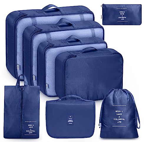MURISE Packing Cubes 8 pièces, organisateur valise pour les vacances et les voyages, sac rangement valise, Les essentiels du voyage, Système de rangement pour valises (Bleu foncé)