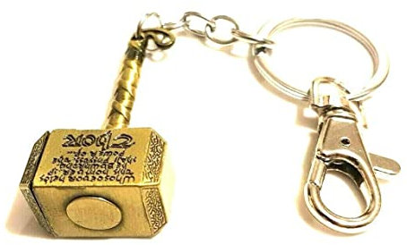 Silver Knight Antique Gold Tone Mjölnir Thor's Hammer Charm/Keyring, Viking Keyring, Thor's Hammer Keychain, Mjölnir Keyring, Norse, Superheroes Jewellery, Bronze, 155mm