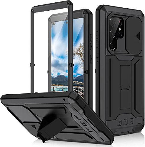 Metal Case for Samsung Galaxy S22 Ultra, Outdoor Heavy Duty Military Metal case Built-in Screen Kickstand Slide Case Camera Lens Protector Dust/Shockproof Full Body Case (Black)