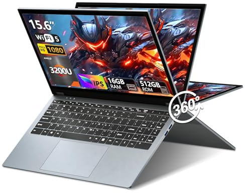 15,6 Ordenador Portátil 2 en 1, PC Portátil AMD Ryzen 3 3200U CPU, Win11 Portatil16GB LPDDR4 512GB SSD, Laptop con Pantalla Táctil Giro de 360°, AMD Radeon Graphics GPU, RJ45+Type-C+Mini-HDMI