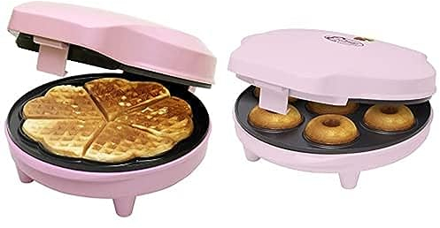 Bestron Waffeleisen für klassische Herzwaffeln & Donut Maker im Retro Design, 700 Watt, Farbe: Pink