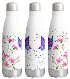 Flowers Butterfly Watercolour Rainbow Art Bottle Double Wall Insulated Stainless Steel Sport Drinks 500ml White Gift Ideal for School Work Office Oudoor Sports Keeps Hot and Cold Drinks