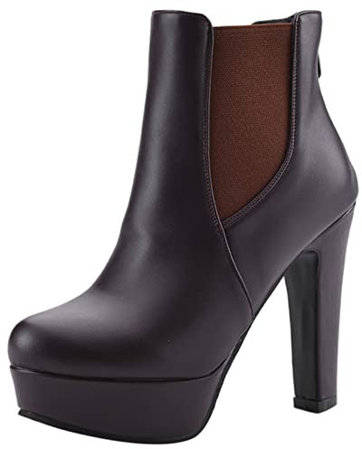 Diuniarza Stivaletti da Donna con Tacco Alto, Stivali Chelsea Tacco a Blocco Zip Punta Rotonda Polacchine Eleganti con Plateau, 9293Etu Marrone Numero 42 EU