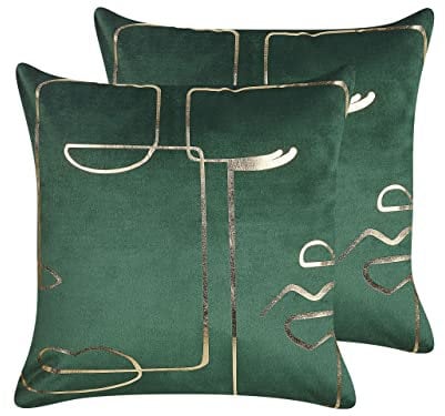 Beliani Dekokissen mit Füllung 2er Set Samt grün Gesicht Gold 45x45 cm Philodendron