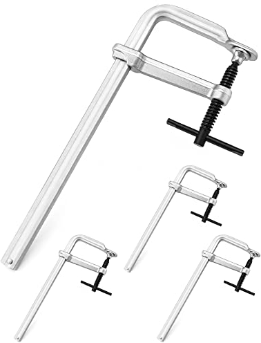 QWORK 12 Heavy Duty F Clamp, 4 Pack Drop-forged Bar Clamp, 4-3/4 Inch Throat Depth, 0.87 x 0.42 Guide Bar, Professional Forging Jaws, Rail, Spindle and Handle