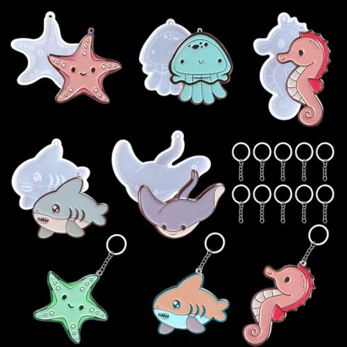 Zayookey 5 Stück Schlüsselanhänger Silikonform Meerestier Epoxidharz Formen Set Anhänger Gießform Keychain Resin Mold mit Löchern mit 10 Tastenringen für DIY Basteln Schlüsselbund Ornamente Schmuck