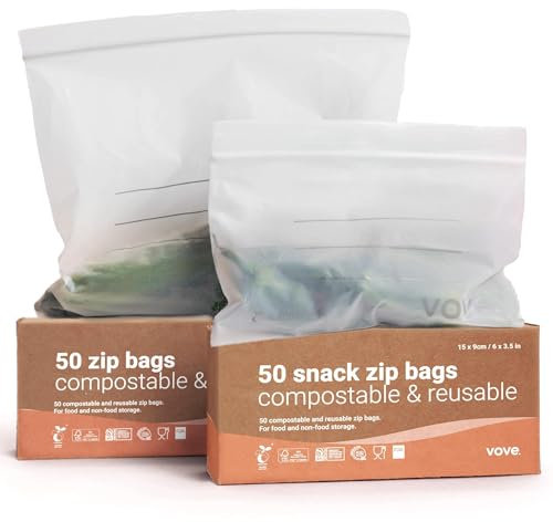 Vove | Plant-Based Zip bags bundle | 140 bags total | 1 Box each S,M,L,XL | Snack, Sandwich, 1 Litre, 4 Litres | Resealable, Bio and Eco-Friendly | Zip Freezer food storage Bags | Plastic alternative