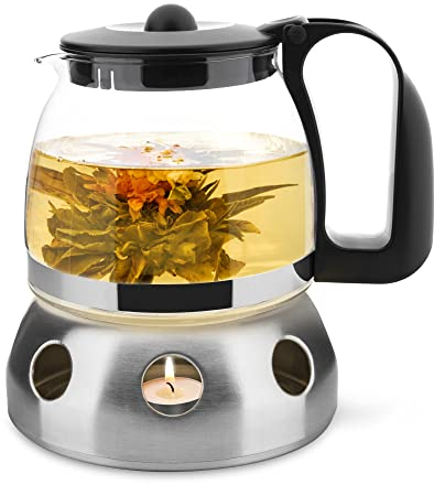 T24 Théière en verre 1250 ml avec passoire résistante à la chaleur et filtre amovible en acier inoxydable Passoire à thé avec réchaud T24-Kanne
