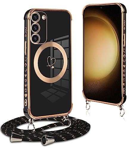 Pnakqil Handykette für Samsung Galaxy S23 Plus 5G Hülle mit Band, Kompatibel mit MagSafe, Handyhülle Ultra Dünn Silikon Magnetisch mit Herz Love Muster Schutzhülle mit um Umhängen Kordel, Schwarz