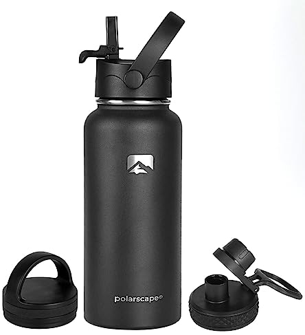 Polarscape Stainless Steel Insulated Water Bottle with Straw - Metal Water Bottle, Includes 3 Lids, 2 Straws, and Straw Brush - Wide Mouth, Double-Walled, BPA Free, Leak Proof - 1L Black