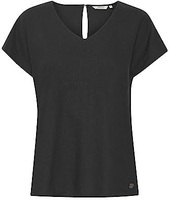 OXMO OXSABINE Damen Bluse Shirt aus Leinenmix mit V-Ausschnitt und Knopfverschluss am Rückenausschnitt, Größe:38, Farbe:Black (200451)
