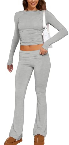 MISSACTIVER Zweiteiliges Damen-Outfit, langärmelig, bauchfreies Top und niedrige Taille, ausgestellte Hose, Lounge, 2-teiliges Yoga-Trainingsanzug, GRAU, S
