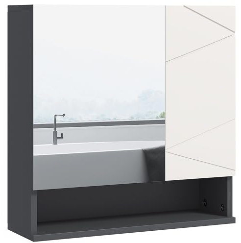 kleankin Bathroom Mirror Cabinet, Wall Mounted Bathroom Storage Cupboard with Adjustable Shelves, 55W x 17D x 55Hcm, Light Grey