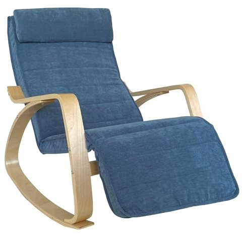 Brigros WeHome Swing Amor Schaukelstuhl mit Armlehnen aus Holz, Rocking Chair, Schaukelsessel mit Verstellbarer Fußstütze, Wohnzimmerstuhl, Schlafzimmersessel (Stoff, Blau)