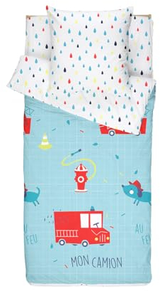 Caradou Kinderbettwäsche Feuerwehr, 4-teilig, inkl. Bettdecke, 90 x 140 cm, Baumwolle, Blau, Speziell für Kinderbett