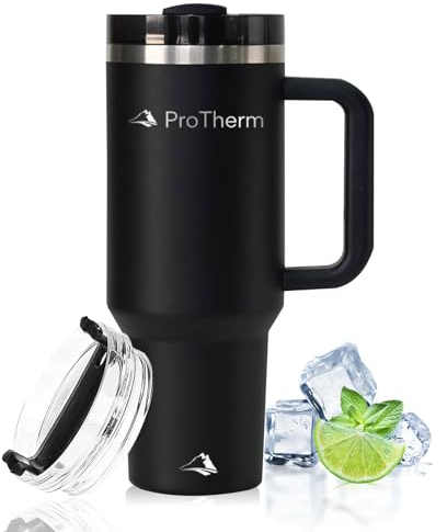 ProTherm Tumbler 40oz 1200ml Quencher with Straw & Lid | Stainless Steel Insulated Travel Mug/Coffee Mug for Hot Or Cold Drinks (Black)