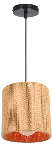 LIGKIN Lámpara Colgante de Ratán Vintage E27 Boho Plafón Retro, Pantalla de Metal Ø15cm Lámpara Techo Cuerda de Cáñamo Iluminación para Restaurante, Salone, Cocina, Cafetería
