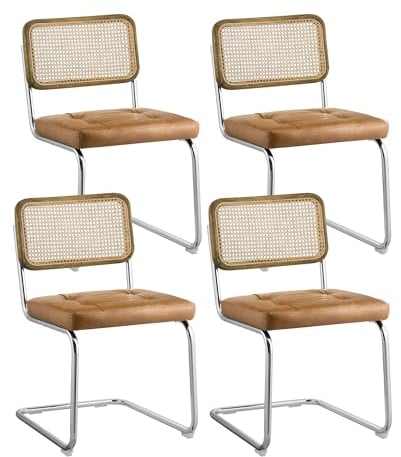 Zouron Stühle 4er Set Schwingstuhl mit echt Eichenholz - Wiener Geflecht Küchenstühle, Gelbbraun Rattan Stuhl Freischwinger Stühle, Kunstledersitz Metallgestell Esszimmerstühle Rocking Chairs