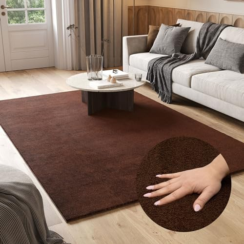 TAPISO Cuddle Teppich Hochflor Langflor Braun Dunkelbraun Shaggy Einfarbig rutschfest Waschbar Wohnzimmer Schlafzimmer Kinderzimmer ÖKOTEX 80 x 150 cm