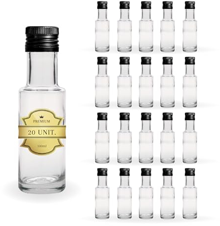 Espirito Rebelde 20 mini botellas de vidrio de 100 ml con tapón de rosca negro | Botellas pequeñas para aceite de oliva, vinagre, alcohol, salsas, poción mágica | Muestras