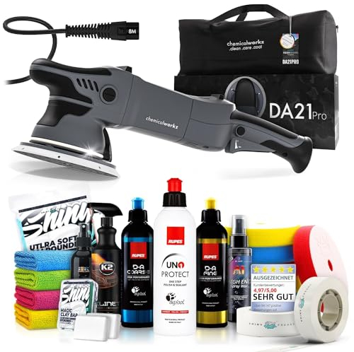 Poliermaschinen Set: chemicalworkz DA21 Pro Exzenter Poliermaschine + Rupes Politur Set + Royal Pads Premium Polierpads + Dr. Wack Versiegelung für Lack + Zubehör | 20-teilig