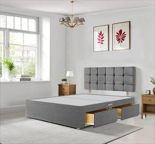 Divan Beds Deals | Stylish Grey Chenille King Size Bed Frame | Bed Base with 20” High Cube Headboard and 4 Storage Drawers | Room Decore King Size Frame