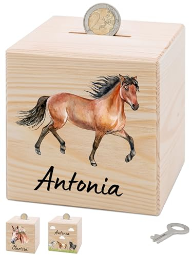 Bärenfreunde® - Personalisierte Spardose Kinder aus Holz mit Metallschloss - Spardose mit Namen mit kinderfreundlichem UV-Druck zum Sparen für Kinderträume (Pferd trabend)