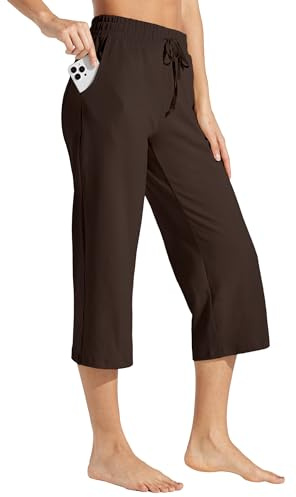 WILLIT Damen Caprihose Baumwolle Yoga Capri Casual Lounge Hose Weites Bein Workout Sporthose Jogginghose mit Taschen 20 Kaffee L