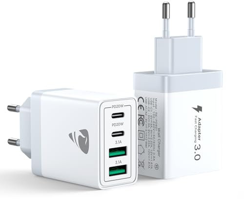 2 Pack Caricatore USB C,40W 4Porte Presa USB Multiplo Spina Ricarica,Muro Caricabatterie Rapido per Samsung S24 S23 S9 iPhone 16 15 14 13 12 11 Pro iPad,Carica Rapida Alimentatore Type C Adattatore